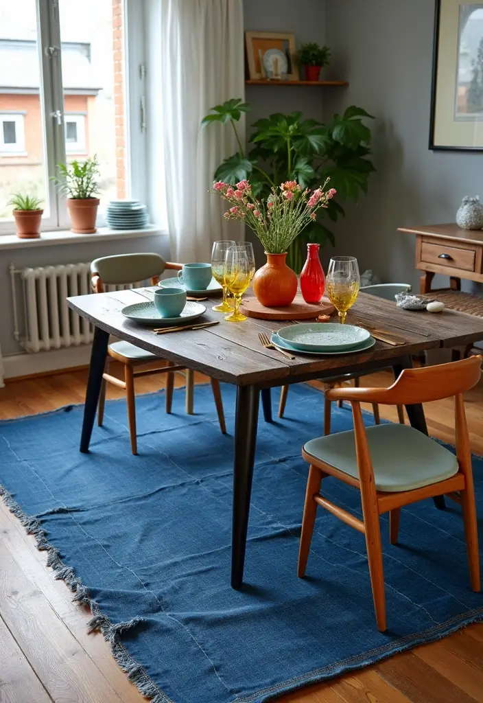 30 Dining Room Rug Ideas for Dark Wood Tables - 2. Recycled Denim Rugs