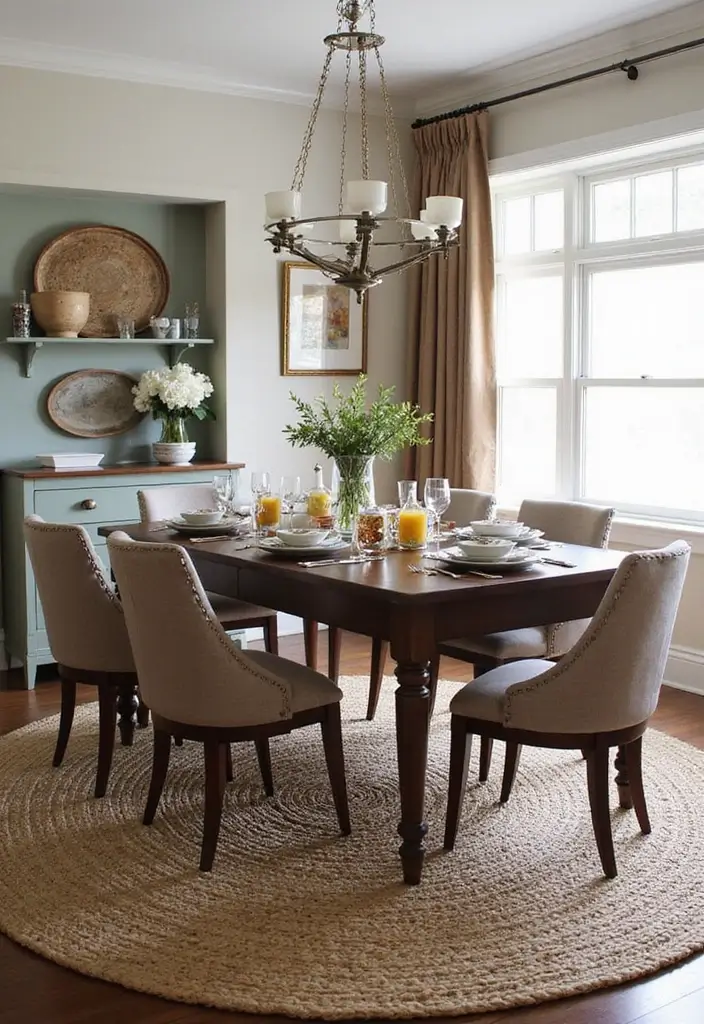 30 Dining Room Rug Ideas for Dark Wood Tables - 22. Textured Woven Rugs