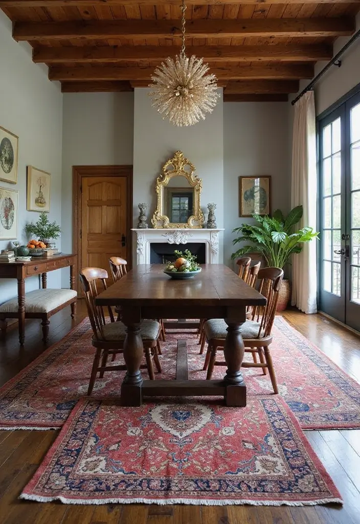 30 Dining Room Rug Ideas for Dark Wood Tables - 23. Layered Area Rugs