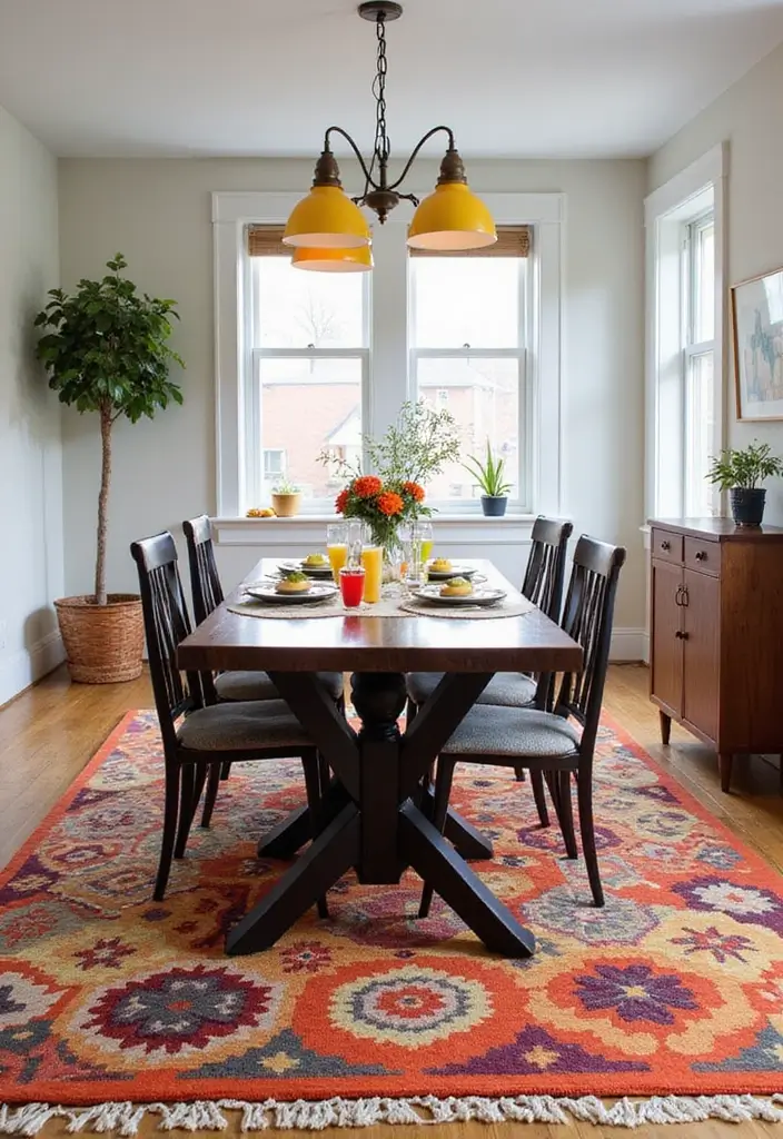 30 Dining Room Rug Ideas for Dark Wood Tables - 25. Playful Patterns