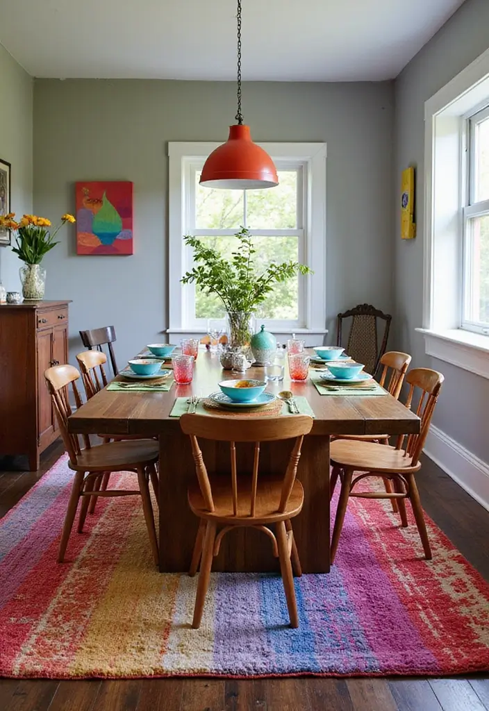 30 Dining Room Rug Ideas for Dark Wood Tables - 27. Bright Multicolored Rugs