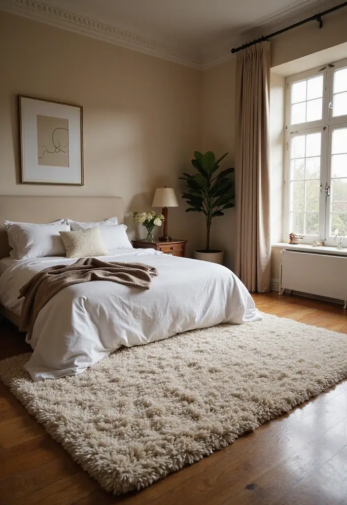 30+ Dreamy Bedroom Rug Ideas for a Cozy Retreat 19 30+ Dreamy Bedroom Rug Ideas for a Cozy Retreat - 19. Shaggy Delight: Luxurious Comfort