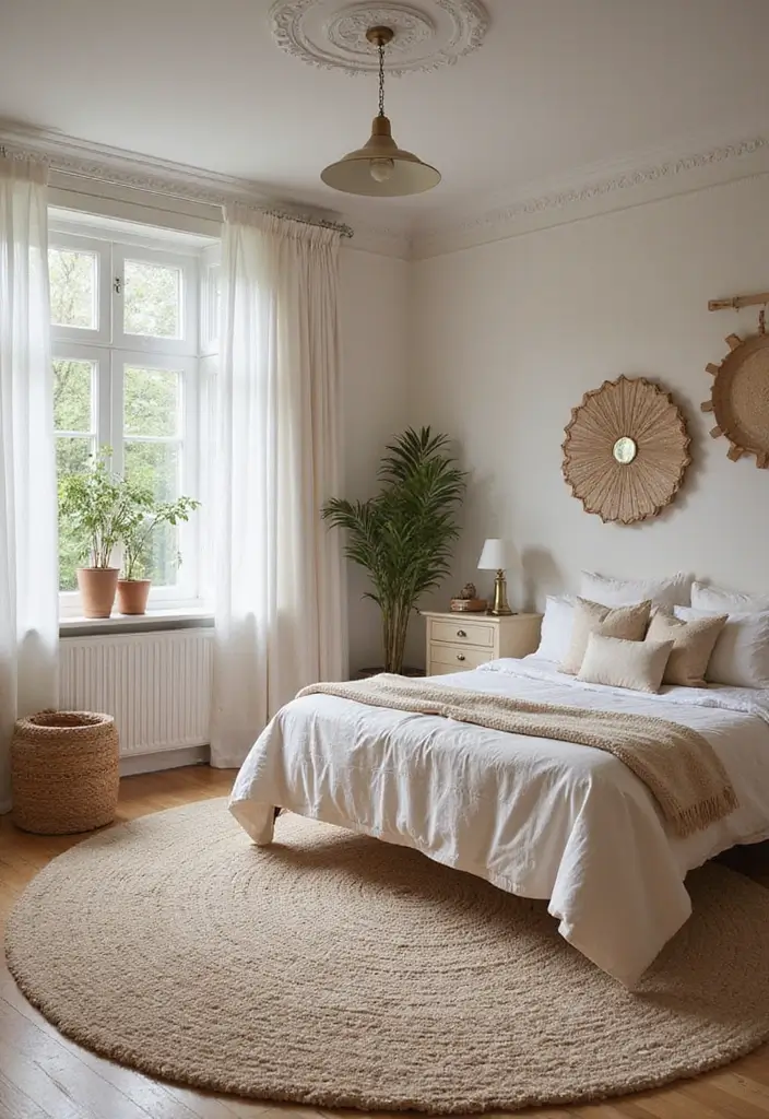 30+ Dreamy Bedroom Rug Ideas for a Cozy Retreat 21 30+ Dreamy Bedroom Rug Ideas for a Cozy Retreat - 21. Round Rugs: Soft Edges and Flow