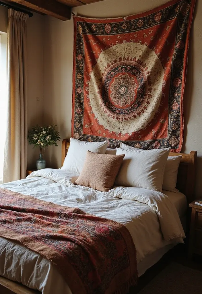 30+ Dreamy Bedroom Rug Ideas for a Cozy Retreat 27 30+ Dreamy Bedroom Rug Ideas for a Cozy Retreat - 27. Bohemian Tapestries: Rug for the Wall