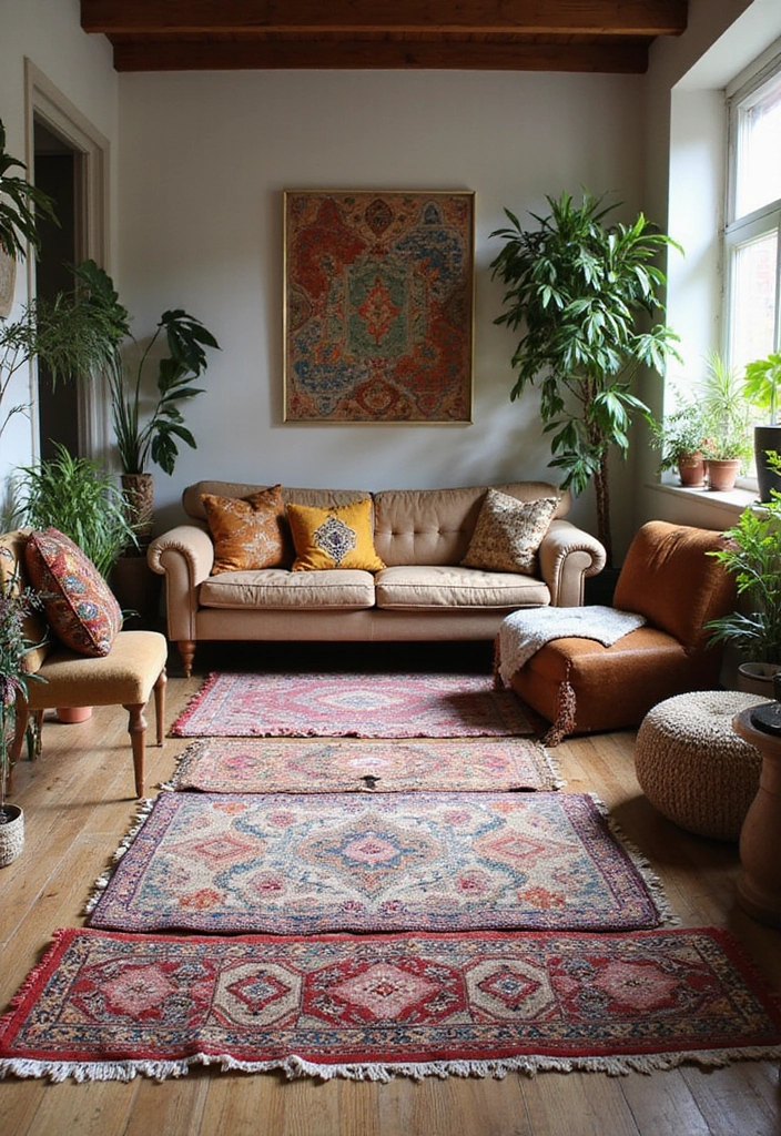 30+ Gorgeous Layered Rug Ideas for Cozy Spaces 20 30+ Gorgeous Layered Rug Ideas for Cozy Spaces - 20. Layering for a Bohemian Vibe