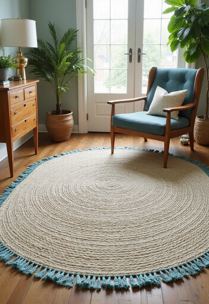 30+ Neutral Rugs That Add a Pop of Color to Living Rooms - 1. Natural Jute with a Splash of Aqua