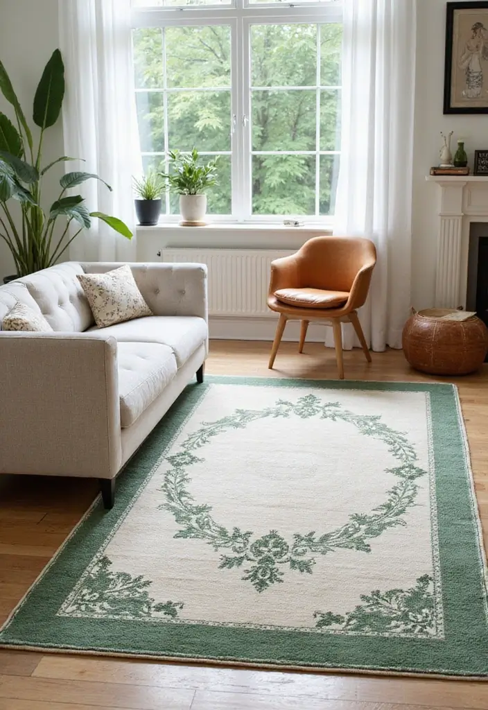 30+ Neutral Rugs That Add a Pop of Color to Living Rooms - 10. Elegant Ivory with Forest Green Details