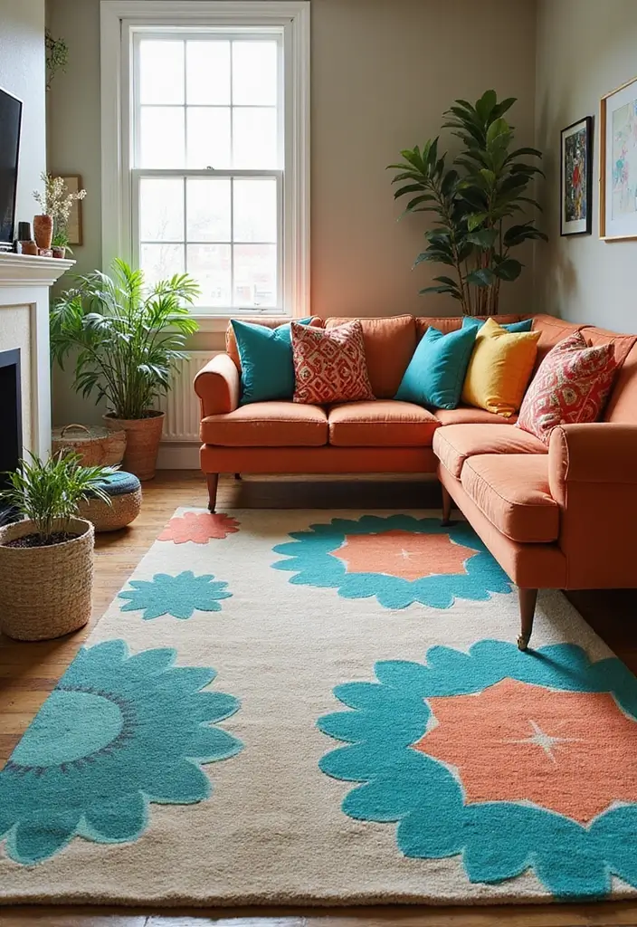 30+ Neutral Rugs That Add a Pop of Color to Living Rooms - 11. Stylish Taupe with Bright Teal Designs
