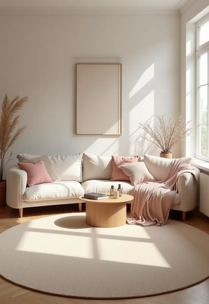 30+ Neutral Rugs That Add a Pop of Color to Living Rooms - 12. Minimalist Sand with Light Rose Accents