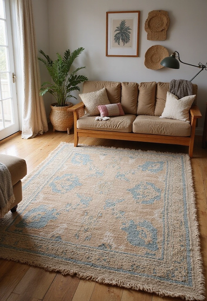 30+ Neutral Rugs That Add a Pop of Color to Living Rooms - 13. Earthy Brown with Dusty Blue Patterns