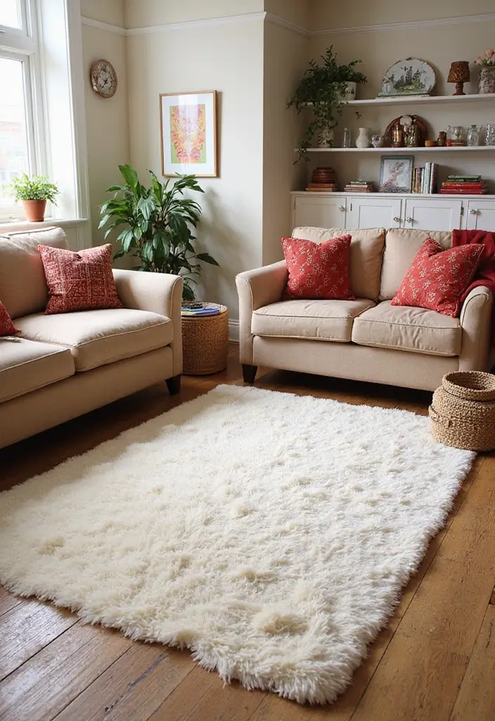30+ Neutral Rugs That Add a Pop of Color to Living Rooms - 14. Charming White with Ruby Red Accents