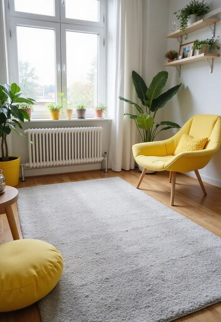 30+ Neutral Rugs That Add a Pop of Color to Living Rooms - 15. Soft Gray with Lemon Yellow Accents