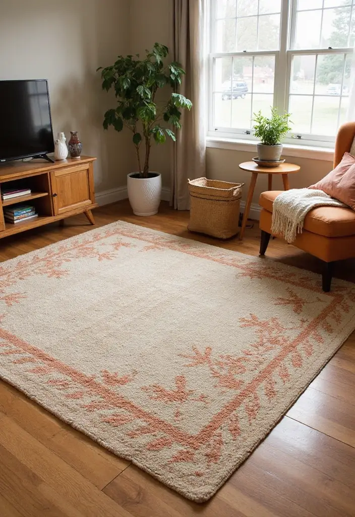 30+ Neutral Rugs That Add a Pop of Color to Living Rooms - 16. Neutral Beige with Sunset Orange Details