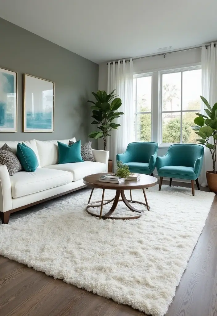 30+ Neutral Rugs That Add a Pop of Color to Living Rooms - 17. Contemporary White with Turquoise Accents