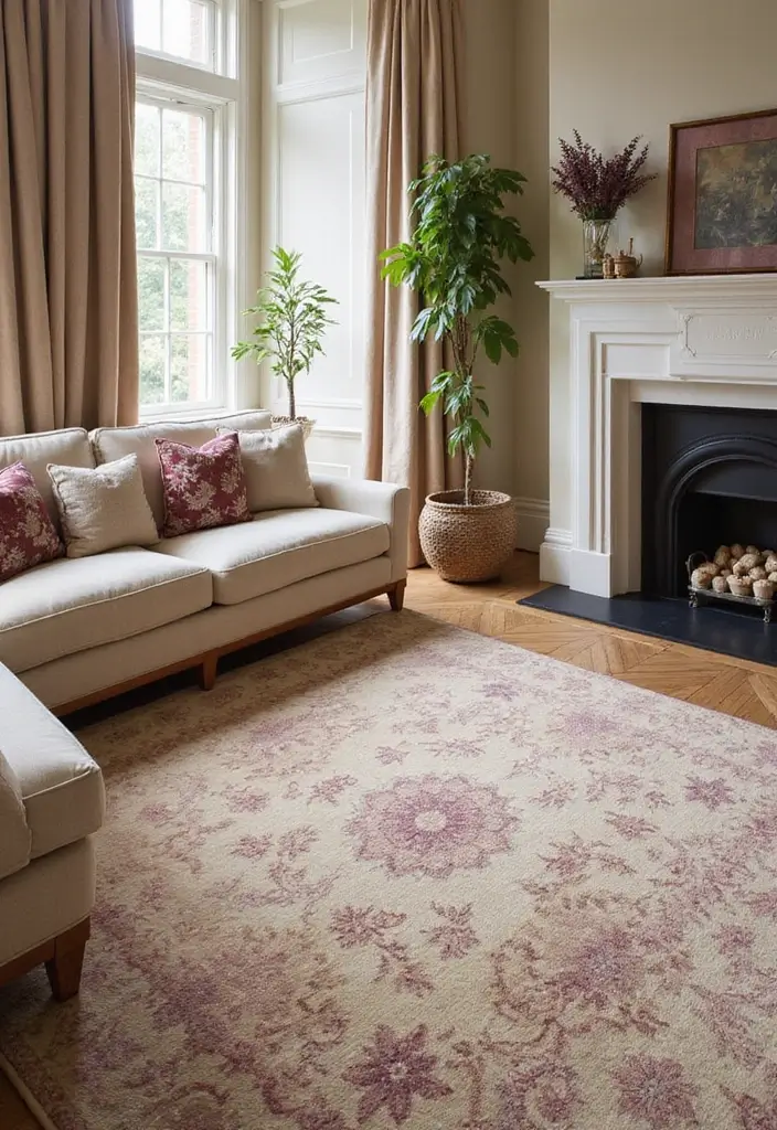 30+ Neutral Rugs That Add a Pop of Color to Living Rooms - 18. Elegant Beige with Plum Highlights