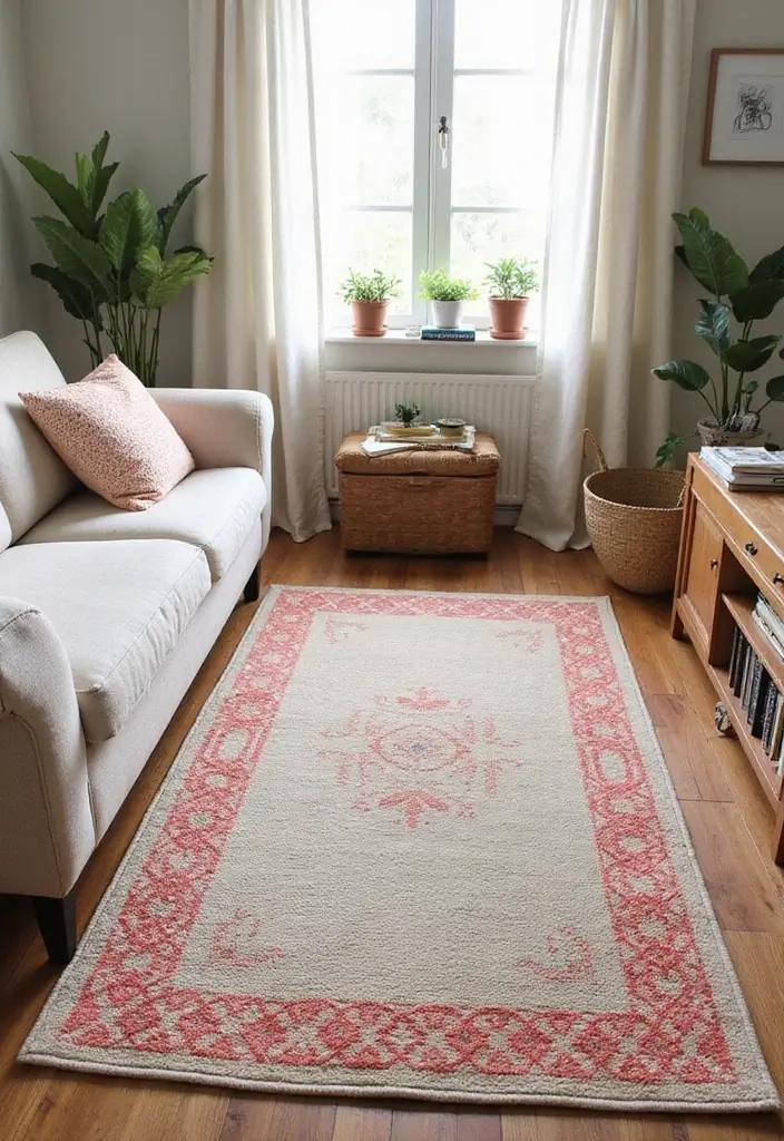 30+ Neutral Rugs That Add a Pop of Color to Living Rooms - 19. Eco-Friendly Taupe with Coral Patterns