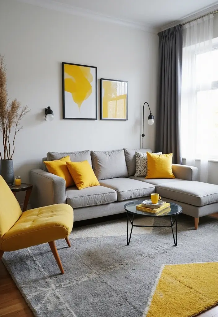 30+ Neutral Rugs That Add a Pop of Color to Living Rooms - 2. Chic Gray with Citrus Yellow Accents