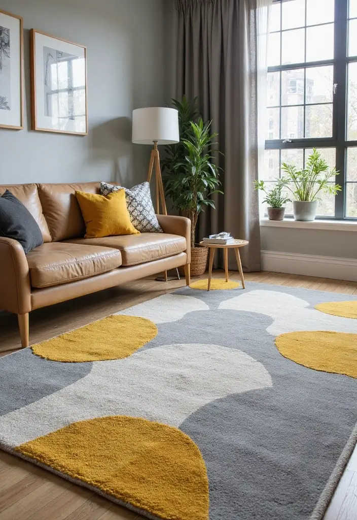 30+ Neutral Rugs That Add a Pop of Color to Living Rooms - 20. Stylish Gray with Mustard Yellow Designs