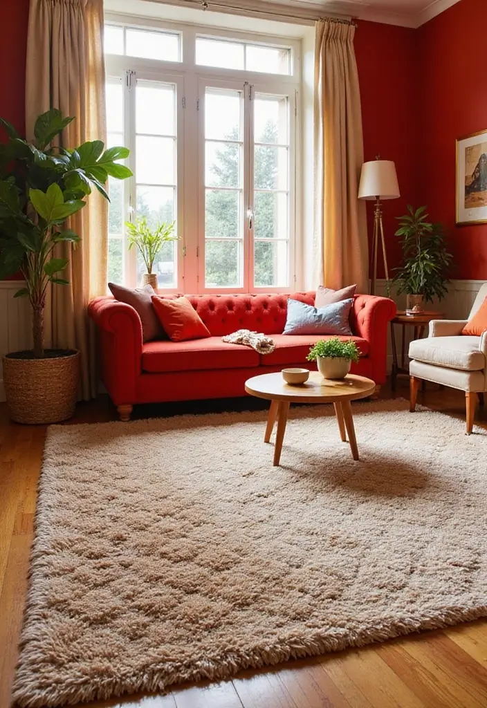 30+ Neutral Rugs That Add a Pop of Color to Living Rooms - 21. Cozy Beige with Bright Red Accents