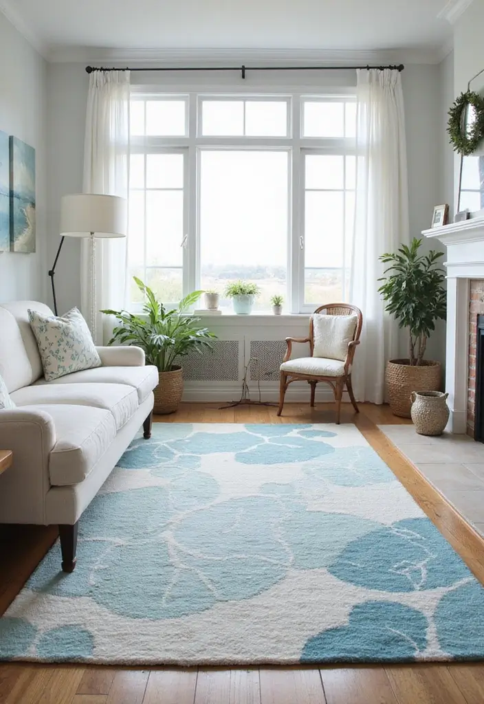 30+ Neutral Rugs That Add a Pop of Color to Living Rooms - 22. Artistic White with Ocean Blue Patterns