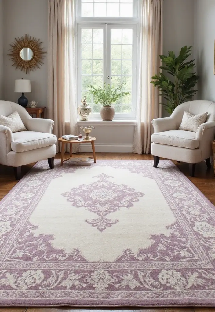 30+ Neutral Rugs That Add a Pop of Color to Living Rooms - 23. Elegant Cream with Lavender Highlights