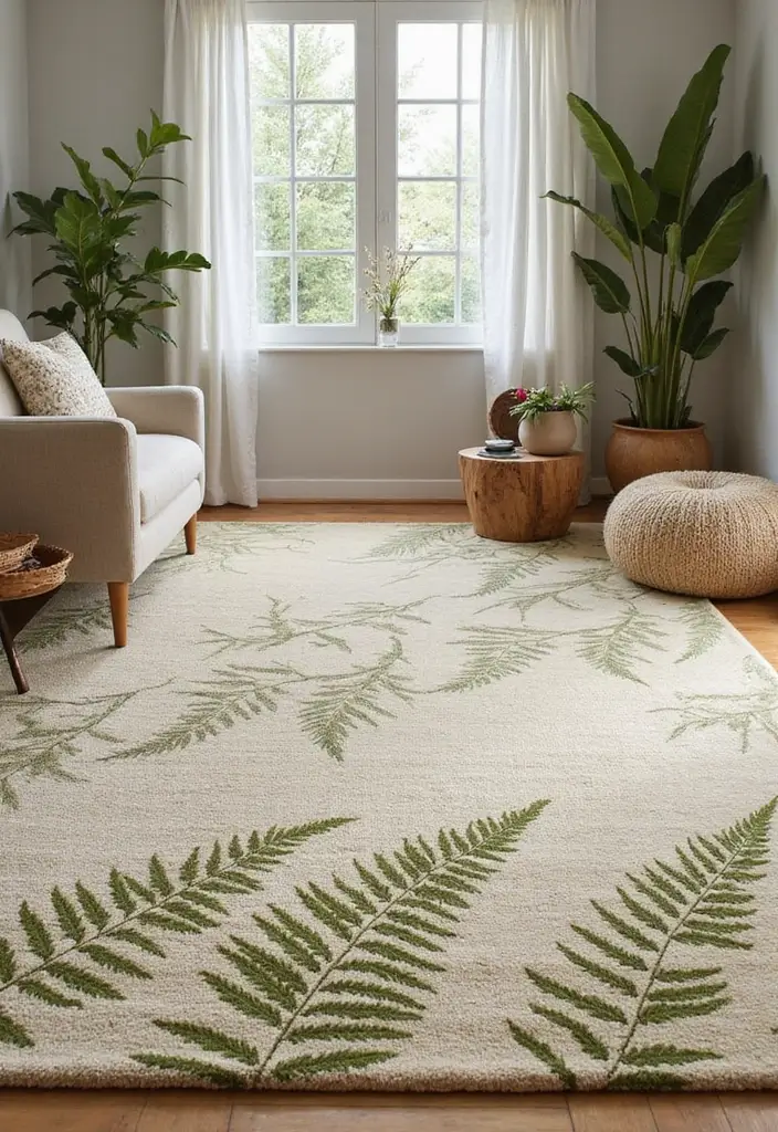 30+ Neutral Rugs That Add a Pop of Color to Living Rooms - 26. Eco-Friendly Beige with Fern Green Patterns