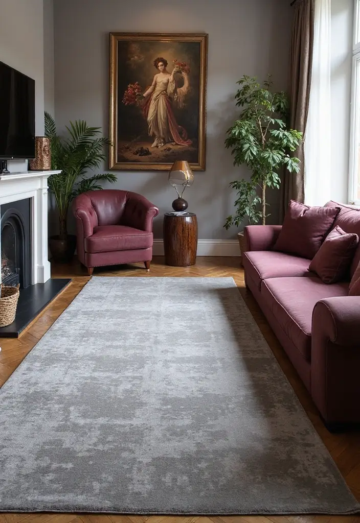 30+ Neutral Rugs That Add a Pop of Color to Living Rooms - 27. Stylish Gray with Rich Burgundy Accents