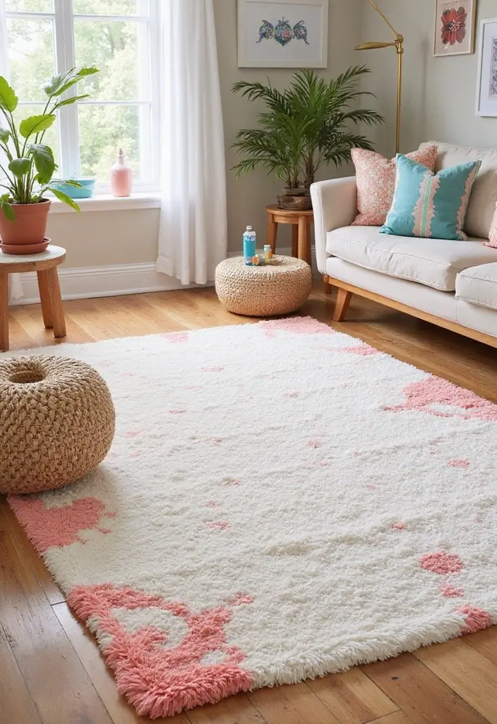 30+ Neutral Rugs That Add a Pop of Color to Living Rooms - 28. Bright White with Grapefruit Pink Highlights