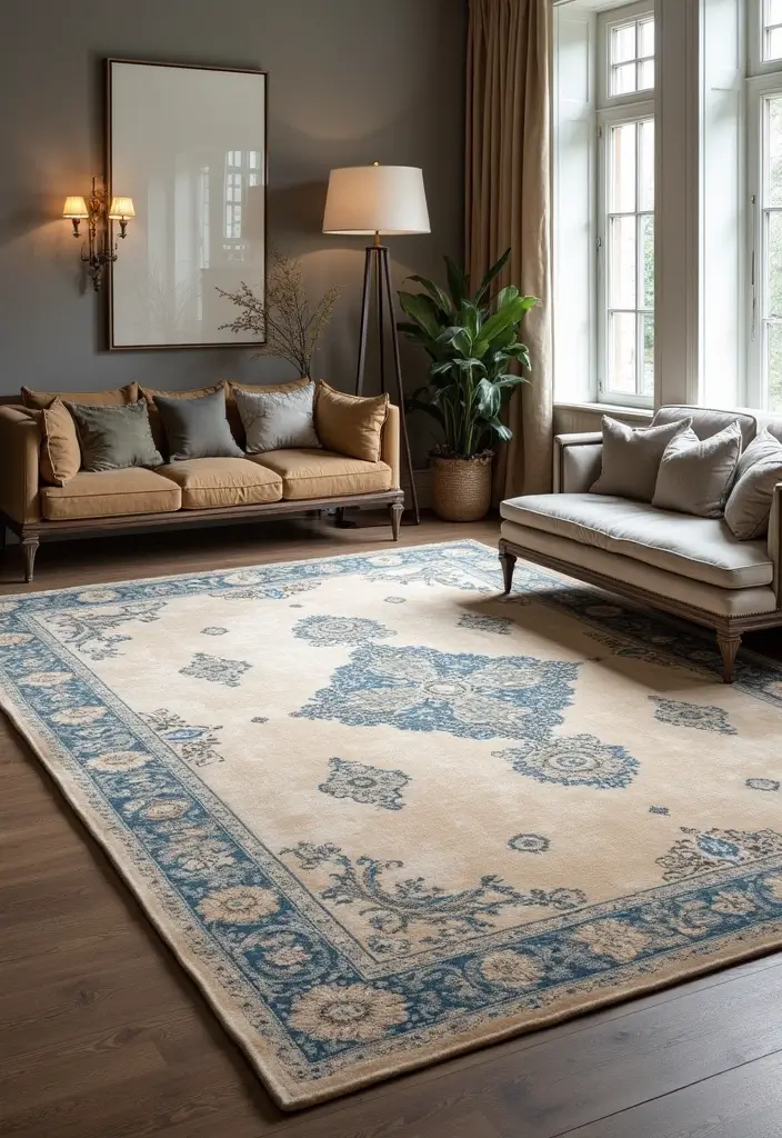30+ Neutral Rugs That Add a Pop of Color to Living Rooms - 29. Classic Beige with Sapphire Blue Details