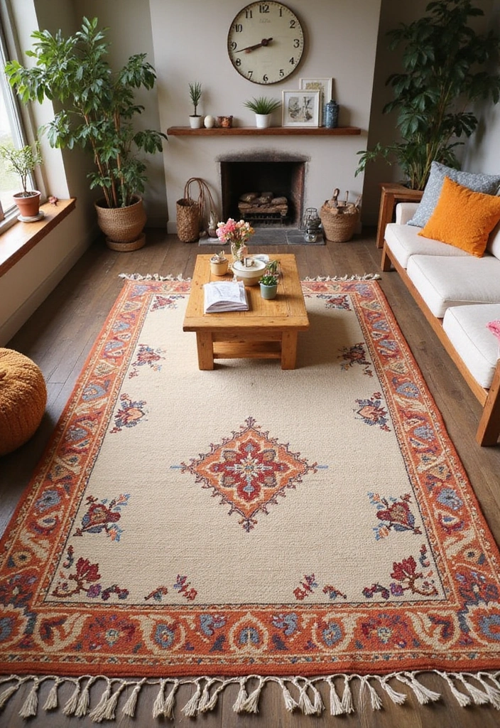 30+ Neutral Rugs That Add a Pop of Color to Living Rooms - 3. Bohemian Beige with Terracotta Hues