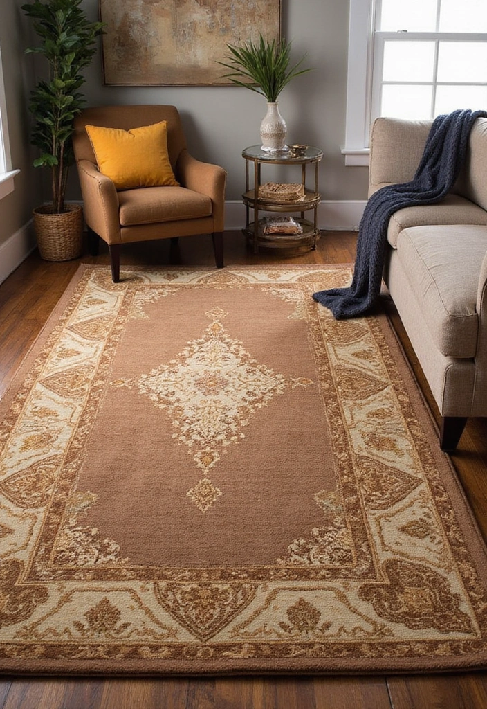 30+ Neutral Rugs That Add a Pop of Color to Living Rooms - 30. Earthy Brown with Sunset Gold Accents
