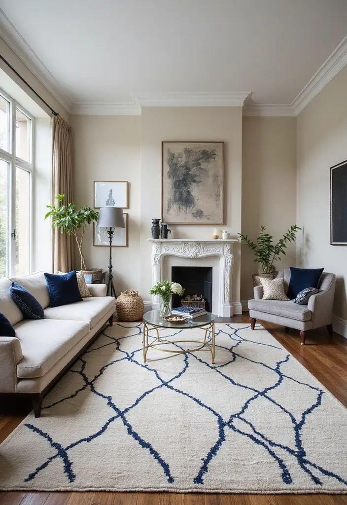 30+ Neutral Rugs That Add a Pop of Color to Living Rooms - 4. Elegant Cream with Navy Blue Designs