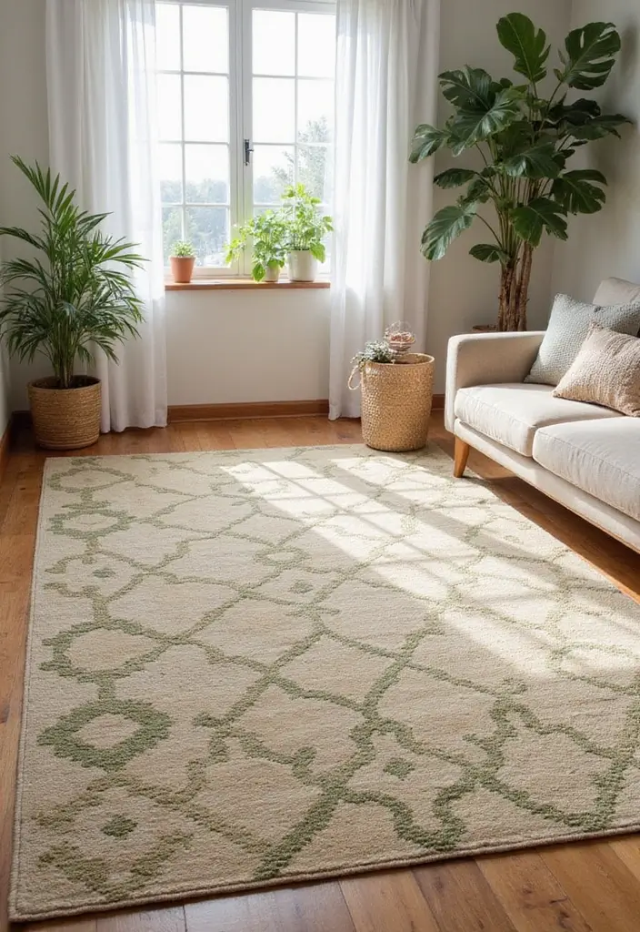 30+ Neutral Rugs That Add a Pop of Color to Living Rooms - 6. Rustic Beige with Olive Green Patterns