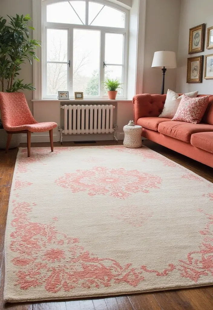 30+ Neutral Rugs That Add a Pop of Color to Living Rooms - 7. Contemporary Cream with Coral Accents