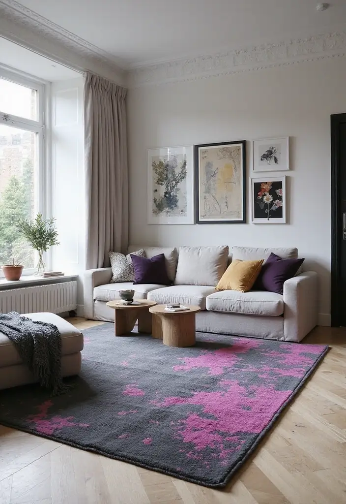 30+ Neutral Rugs That Add a Pop of Color to Living Rooms - 8. Artistic Gray with Fuchsia Highlights