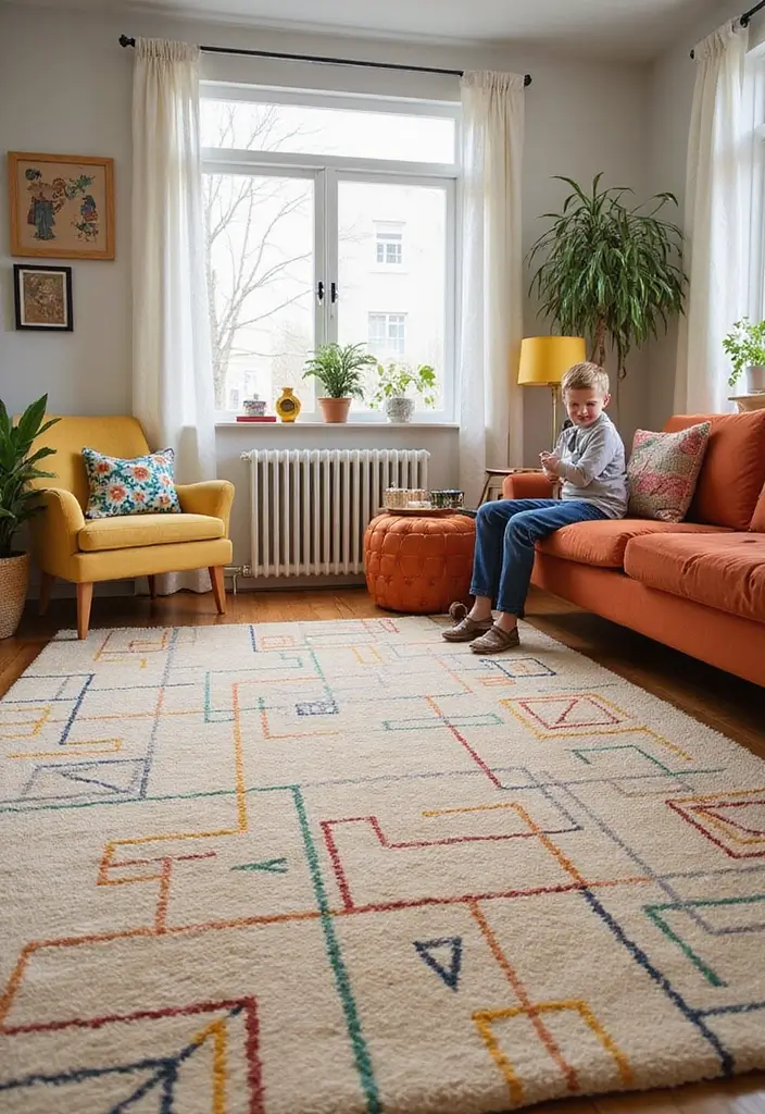 30+ Neutral Rugs That Add a Pop of Color to Living Rooms - 9. Cozy Beige with Multicolor Geometric Patterns