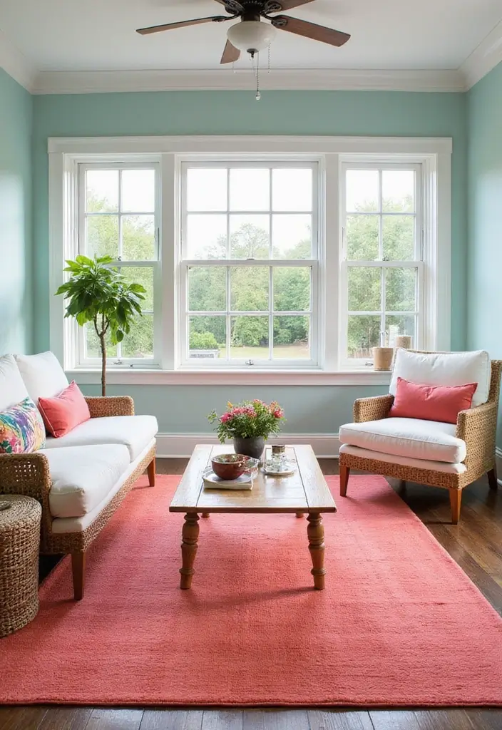 30 Rugs That Go Perfectly With Sea Salt Paint - 12. Bright Coral Accents