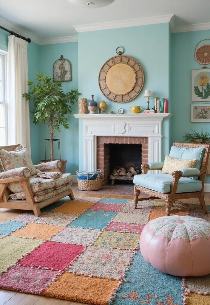 30 Rugs That Go Perfectly With Sea Salt Paint - 15. Eclectic Patchwork