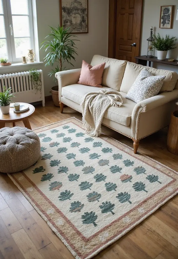 30 Rustic Living Room Rug Ideas for a Cozy Cabin Feel - 10. Eco-Friendly Printed Rugs