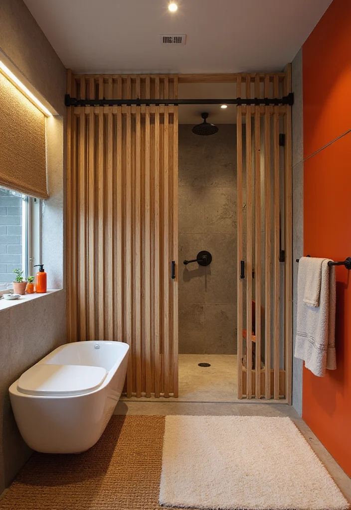 10 Bathroom Sliding Door Ideas for Space Saving Layouts - 5. Vertical Slatted Doors