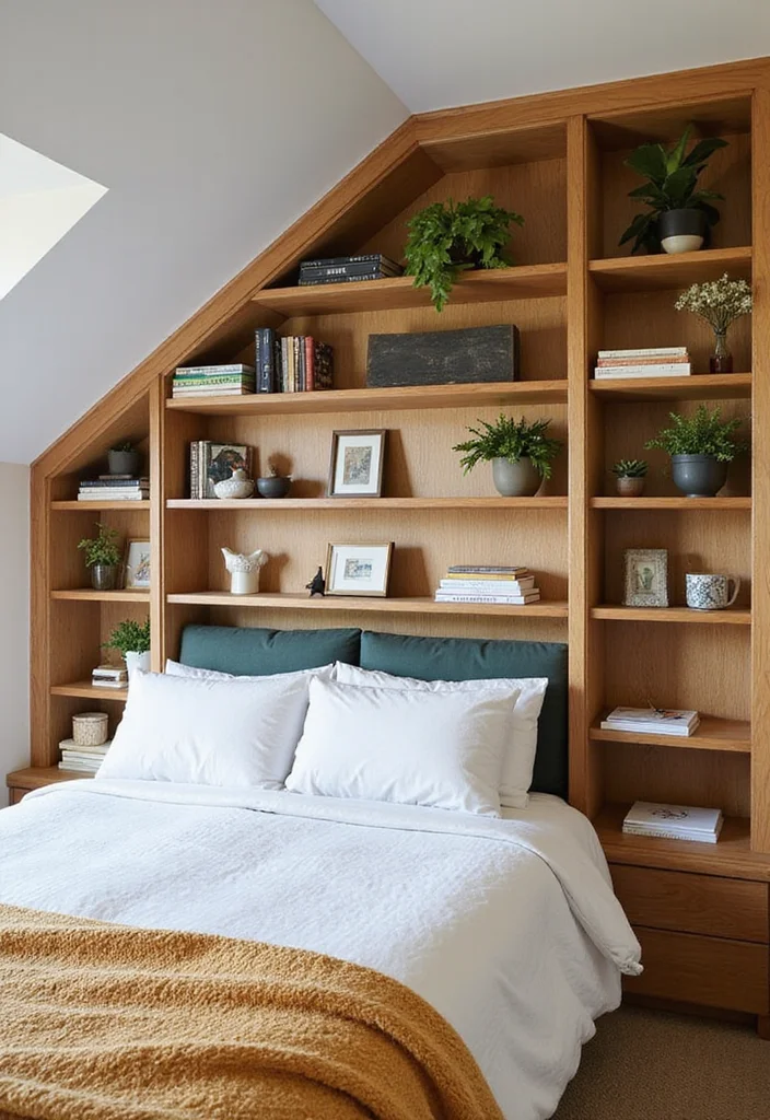 10 Dormer Bedroom Ideas for Smart Sloped Ceiling Layouts - 1. Embrace the Angles with Built-In Shelving