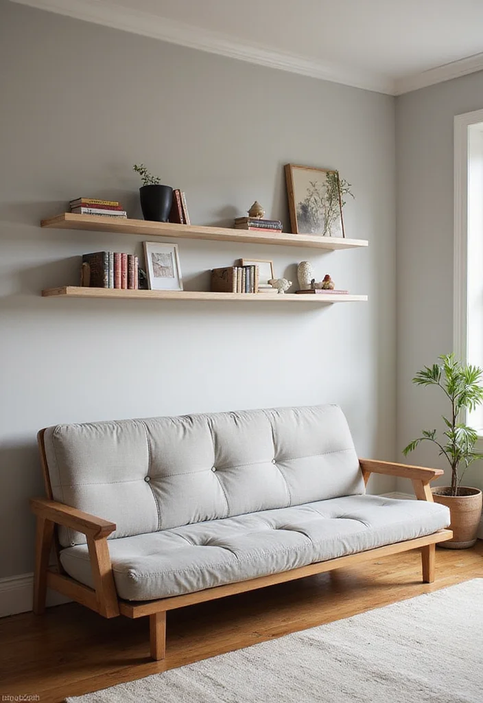 10 Futon Bedroom Ideas for Flexible Modern Living - 6. Futon and Floating Shelves