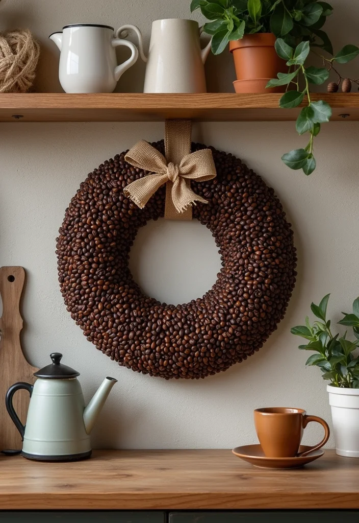 10 Kitchen Wreath Ideas for Cozy Seasonal Decor - 8. Coffee Bean Wreath for a Rustic Twist