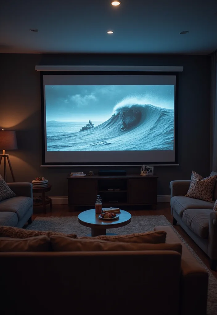 10 Living Room Movie Night Ideas for Fun Comfortable Evenings 89 10 Living Room Movie Night Ideas for Fun Comfortable Evenings - 9. Cozy Lighting with Projector Screens