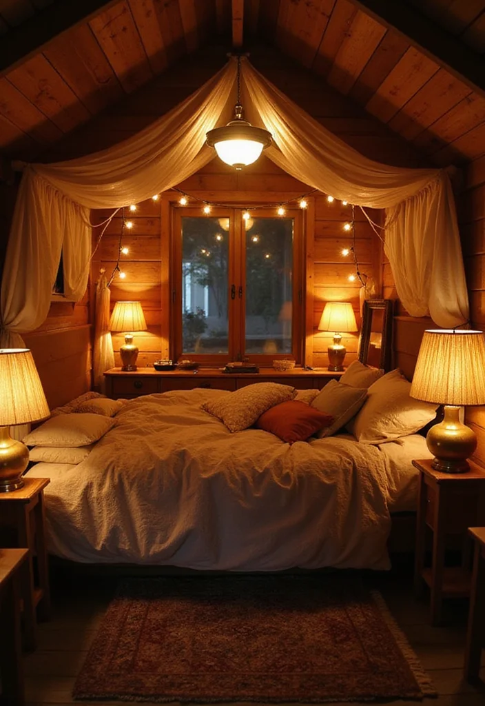 10 Shed Bedroom Ideas for Cozy Creative Retreats - 10. Layered Lighting for Ambiance