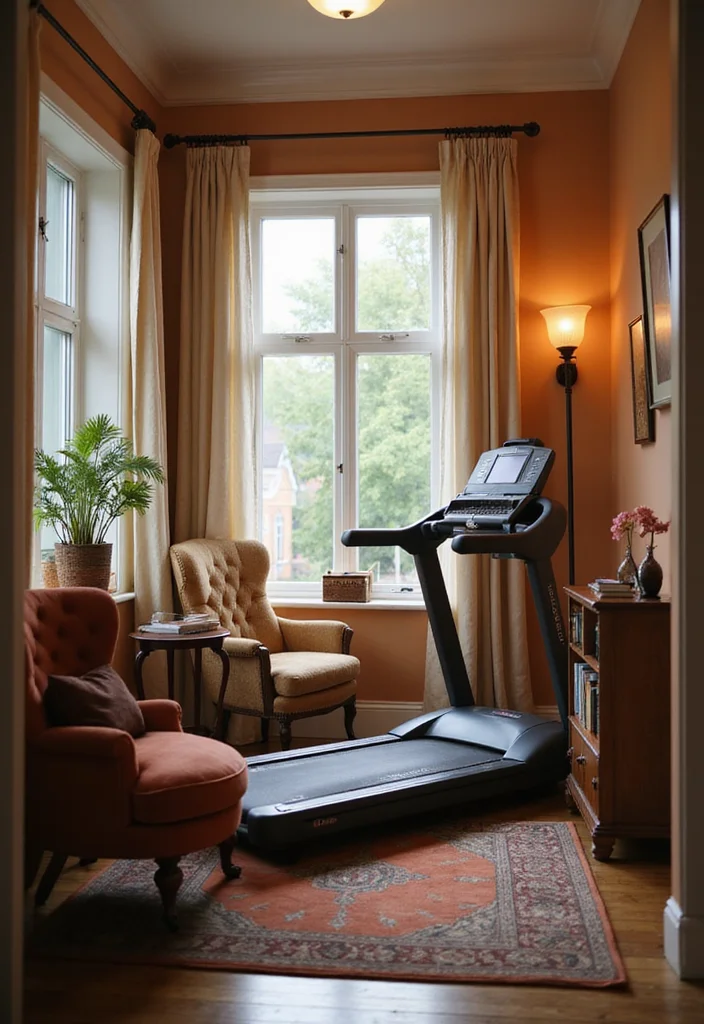 10 Treadmill in Living Room Ideas for Smart Space Integration - 1. Treadmill as a Part of a Cozy Reading Nook