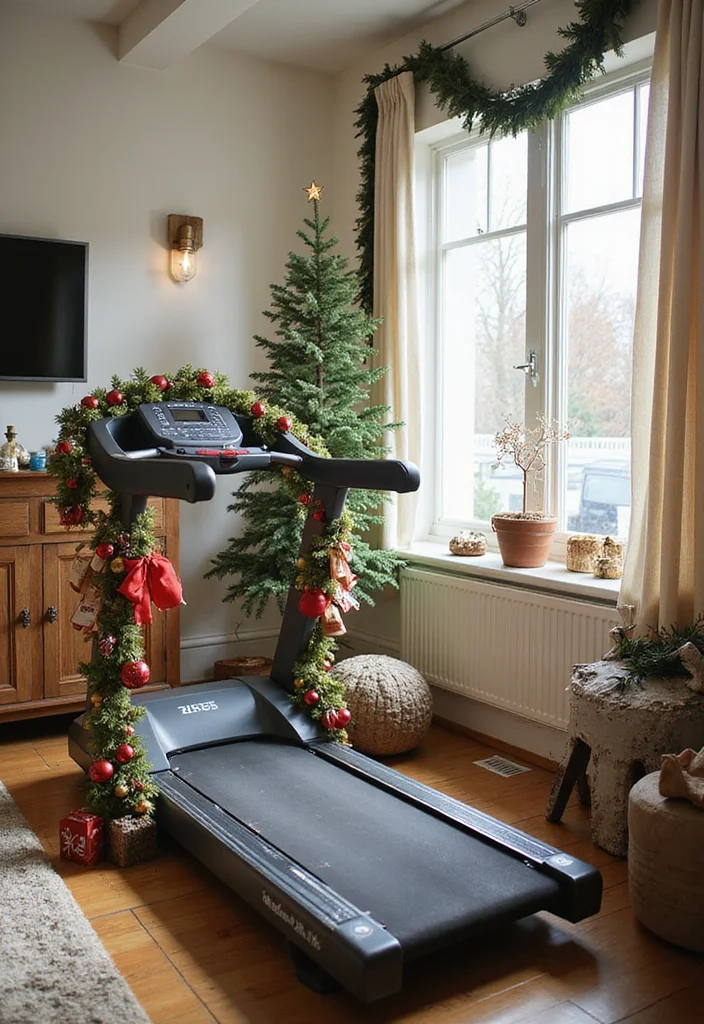 10 Treadmill in Living Room Ideas for Smart Space Integration - 10. Seasonal Decor Around Your Treadmill