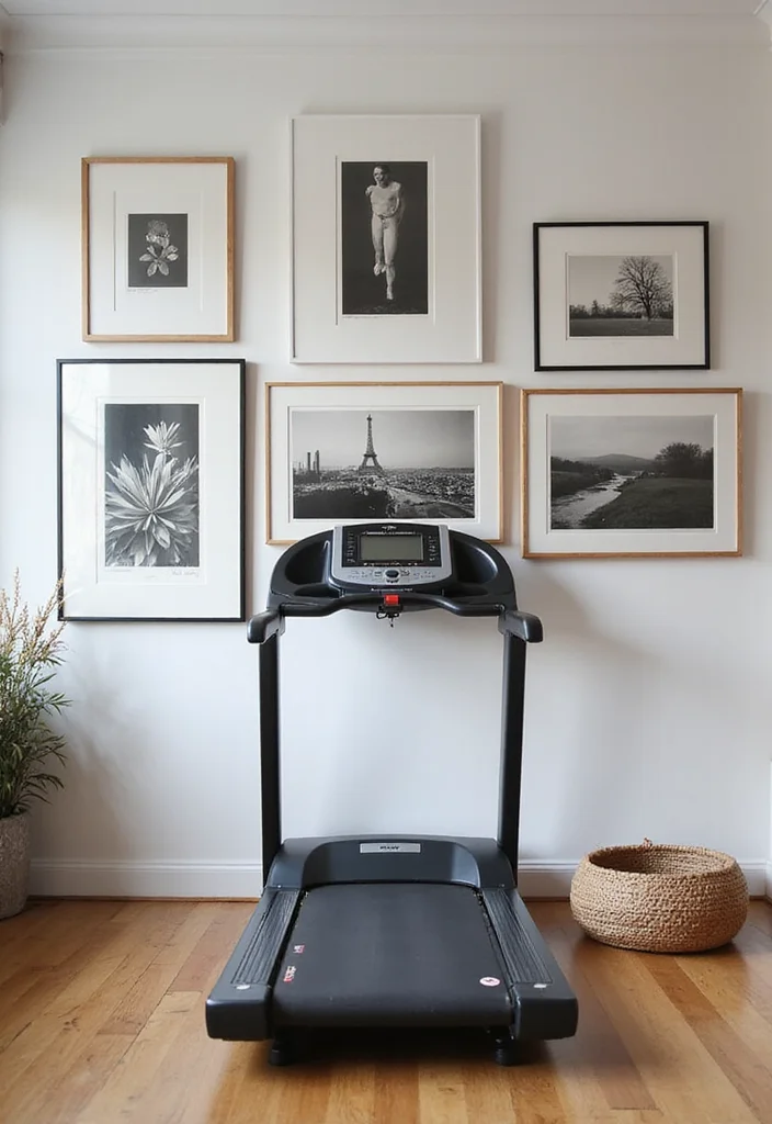 10 Treadmill in Living Room Ideas for Smart Space Integration - 2. Treadmill Under a Stylish Gallery Wall