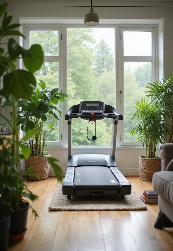 10 Treadmill in Living Room Ideas for Smart Space Integration - 6. Natural Light and Greenery