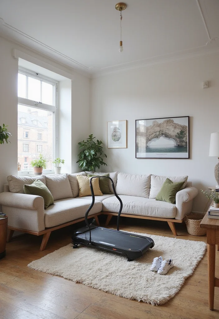 10 Treadmill in Living Room Ideas for Smart Space Integration - 7. Blend with a Multi-Purpose Furniture